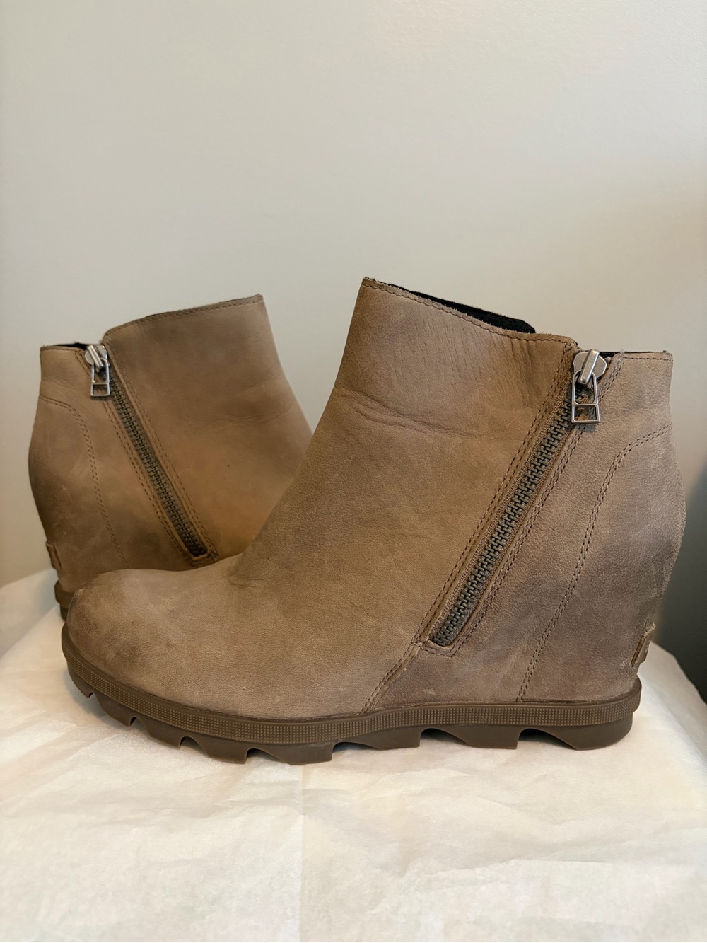 Sorel Taupe Suede Wedge Ankle Booties with side zipper